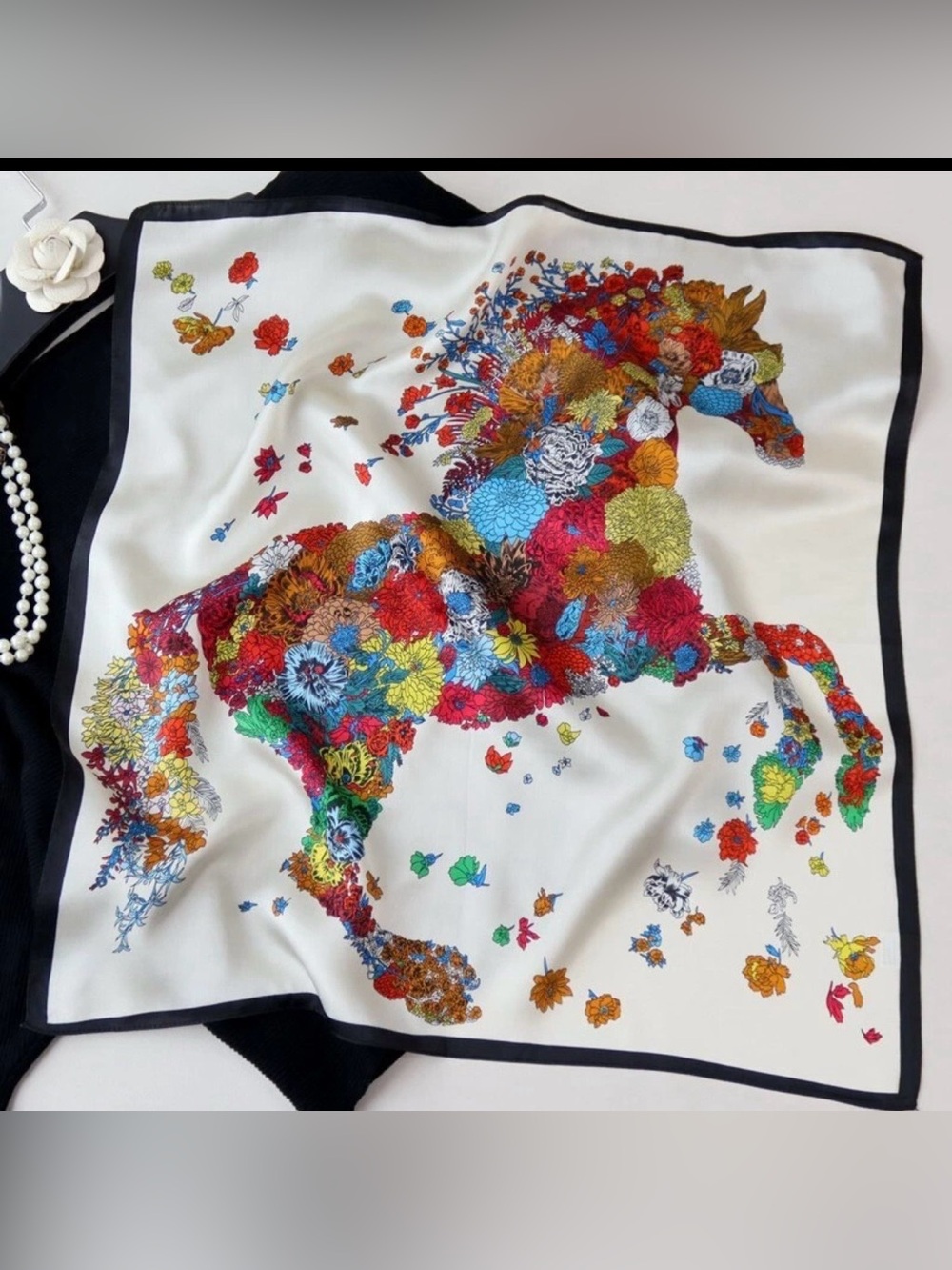 Mulberry Silk Blend Flower Steed Scarf Elegant Equestrian Silk Square